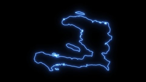 Neon shimmering blue map of Haiti country on black background.