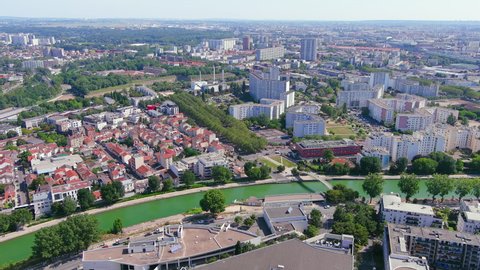 Paris: Aerial view of capital city of France, Saint-Denis commune in the northern suburbs of Paris - landscape panorama of Europe from above