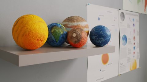 Close up handheld tracking shot of models of planets lying on shelf in classroom or childs bedroom. Posters hanging on wall