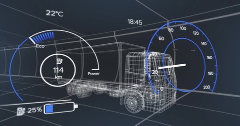 Animation of interface with charging battery icon and speedometer over truck. energy, power and fuel technology digital interface concept digitally generated video.