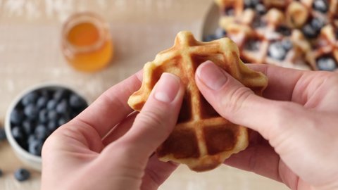 Fluffy and crispy belgian waffle in female hands. Breaking belgian waffle in halves to show texture