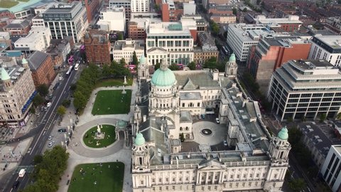 Aerial video of Belfast City Hall in Co Antrim Northern Ireland 08-08-21