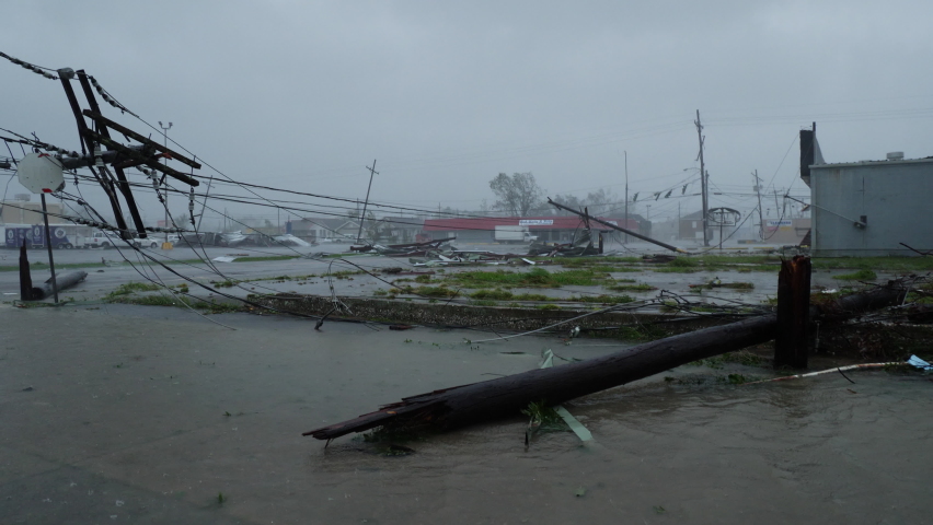 Houma, Louisiana USA - August 29 2021: Hurricane Ida Damages Power Lines And Buildings