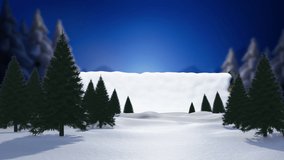 Animation of snow falling over fir trees and winter scenery. christmas, winter, tradition and celebration concept digitally generated video.