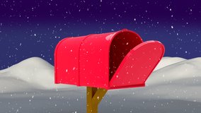 Animation of falling snow over winter landscape and mailbox. christmas, winter, tradition and celebration concept digitally generated video.