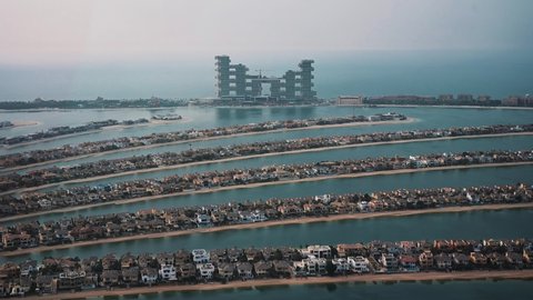Dubai's newest icon. The Royal Atlantis Resort  Residences on Palm Jumeirah Island. Top high view. Static 4K video. Dubai, UAE - July 2021