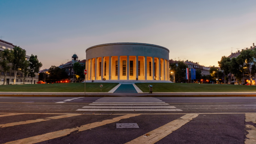 Paviljon Ivana Meštrovića, timelapse of a building during the blue hour. Zagreb, Croatia