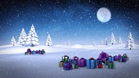 Animation of falling snow over winter landscape. animation of window view and christmas decoration. christmas, winter, tradition and celebration concept digitally generated video.