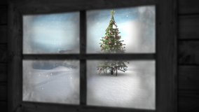 Animation of window view of christmas tree and winter landscape. animation of window view and christmas decoration. christmas, winter, tradition and celebration concept digitally generated video.