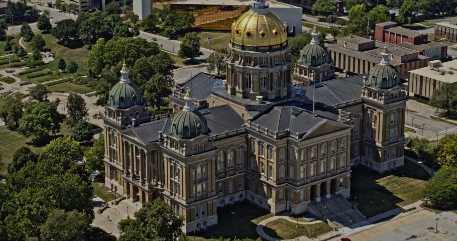 Des Moines Iowa Aerial Sweeping Tilt up reveal from the Capitol Building to the Downtown East Village Skyline - 6k super smooth footage - August 2020