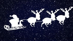Animation of santa claus in sleigh with reindeer moving over falling snow. christmas, tradition and celebration concept digitally generated video.