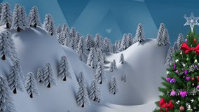 Animation of winter land scape and christmas decoration over blue geometrical shapes. christmas, winter, tradition and celebration concept digitally generated video.