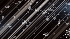 Animation of snow falling over moving stripes on black background. christmas, tradition and celebration concept digitally generated video.