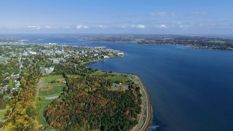 Aerial footage of summer park on a sunny day, drone view on Prince Edward Island, Charlottetown, Canada