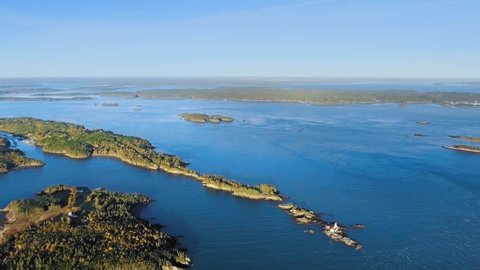 Aerial video of Bay of Fundy and island Campobello, New Brunswick, Canada, drone footage of Head Harbour Lightstation