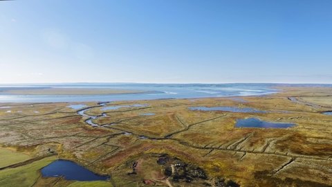 Aerial panorama over the Bay of Fundy on a sunny day, drone shot, Nova Scotia, Canada