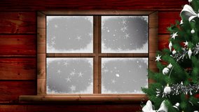 Animation of snow falling seen through window. christmas, winter, tradition and celebration concept digitally generated video.