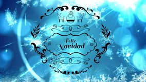 Animation of feliz navidad text over snow falling and bokeh. christmas, tradition and celebration concept digitally generated video.