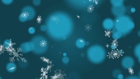 Animation of blue paint brush with copy space over snow falling on blue background. colour, winter and movement concept digitally generated video.