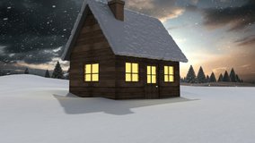 Animation of snow falling over over house in winter scenery. christmas, tradition and celebration concept digitally generated video.