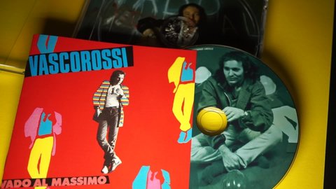 Rome, Italy - September 01, 2021, detail of the cd and cover of Vado al massimo, fifth album by the Italian singer-songwriter Vasco Rossi, released in 1982.