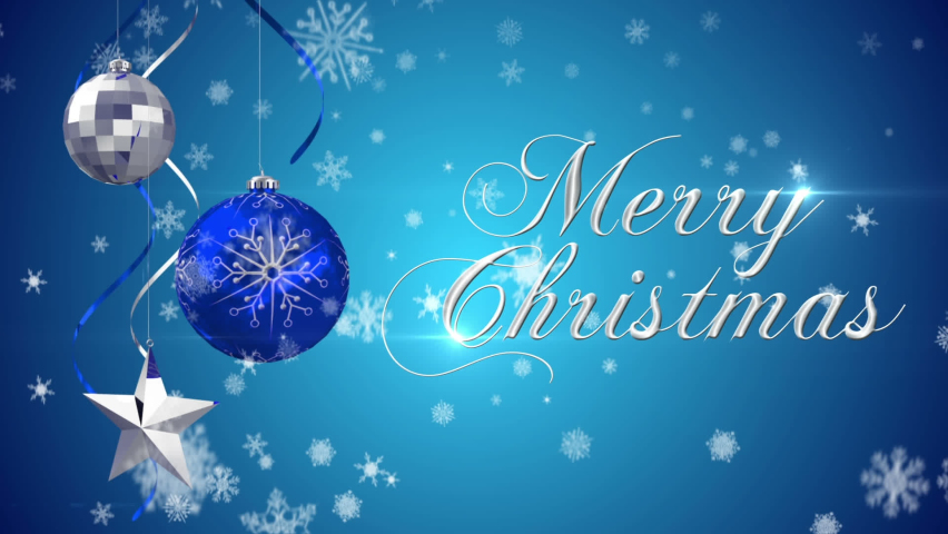 Animation of merry christmas text with christmas baubles decoration with snow falling. christmas, tradition and celebration concept digitally generated video.