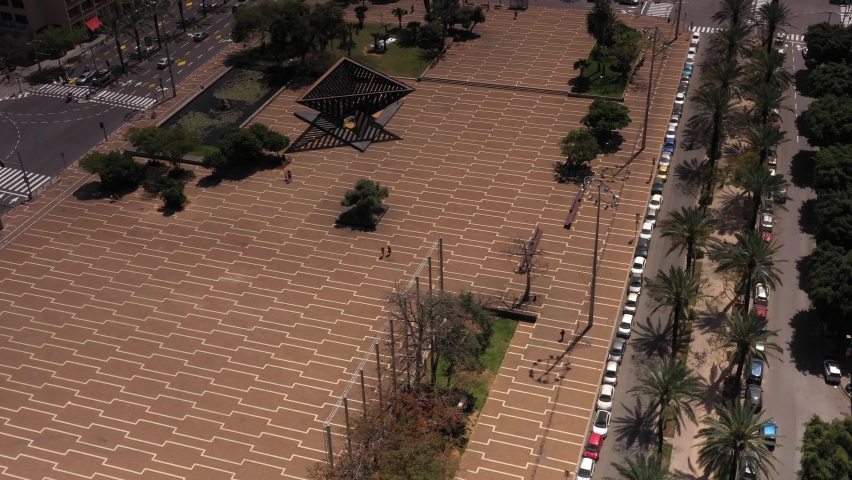 Aerial view over Rabin Square in Tel aviv
Drone view of Empty Rabin Square Daylight, 2021

