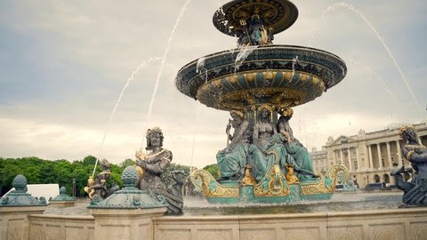  The Fontaine des Fleuves. Fountain at place de Concorde in Paris, France. Rivers Architecture building. Slow motion. Ancient architectural monument