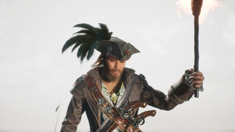 A close-up of a pirate walking with a torch on a mystical desert island. The man was created using 3D computer graphics. 3D rendering. The animation is ideal for pirate and adventure backgrounds.