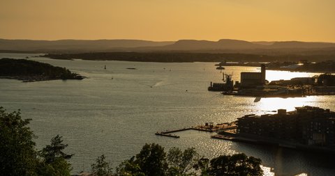 Timelapse of boats in Oslo Fjord, Norway during a sunset