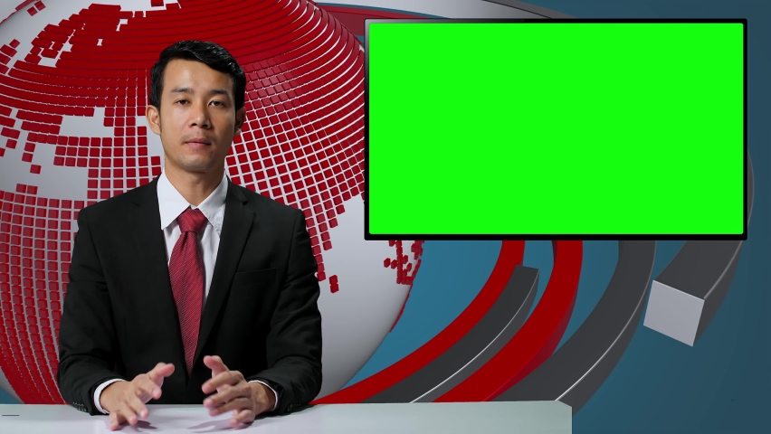 Live News Studio With Male Anchor Reporting On The Political, Video Story Show Green Chroma Key Screen Placeholder Copy Space. Television Newsroom Channel With Professional Presenter
 Royalty-Free Stock Footage #1078575605