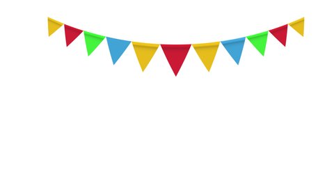 Animation of flags garland isolated on white background. Carnival garland with pennants for birthday celebration, festival. Video transition with black and white mask, alpha channel. 4K graphic motion