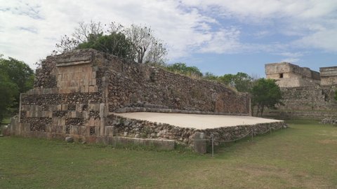 UXMAL, MEXICO - CIRCA 2021: Ruins of "Pok-ta-pok" arena in ancient Mayan city of Uxmal, Yucatan