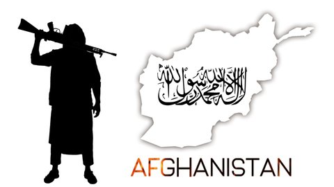 black silhouette of militant with weapon in his hand. Afghanistan map with Taliban flag in the middle. white background. Concept of protests in Afghanistan.