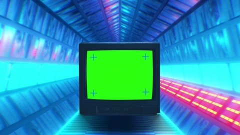 Neon Tunnel Green Screen TV Retro Technology Approach Television. Vintage television green screen inside a neon tunnel flickering lights. Zoom in