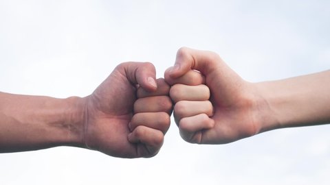 teamwork concept. fist to fist commit solidarity respect and brotherhood gesture. business team hands fists close-up. people of different skin colors partnership lifestyle friendship teamwork