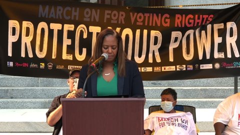 Sacramento, CA - Aug 28, 2021: 4K HD video of Alana Mathews, candidate for Sacramento County DA, speaking at the March on for Voting Rights rally outside the State Capitol building.