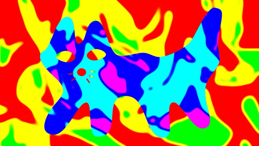 Cartoon stylized graphic cat in bright rainbow colors with a big tail. Humor, fantasy, abstract art. Video art graphics