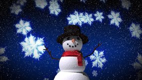 Animation of snowman and snow falling on blue background. christmas, winter, tradition and celebration concept digitally generated video.