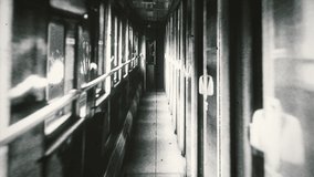 Old Train Travel Corridor Dolly Shot, Film Damage Texture. Empty train traveling through city, window view of the city from interior corridor. Film damage - Powered by Shutterstock - Get 15% off with code: PIKWIZARD15