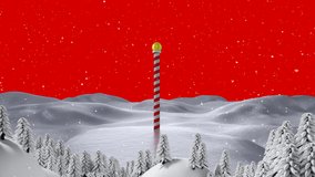 Animation of winter scenery with fir trees on red background. christmas, winter, tradition and celebration concept digitally generated video.