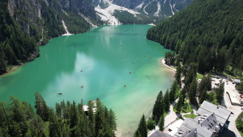 The Pragser Wildsee, Lago di Braies, in the Dolomites, Aerial View | Shutterstock HD Video #1078591115