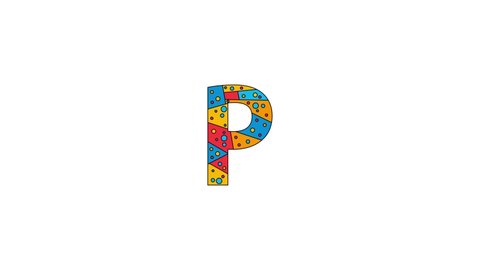 Letter P. Animated unique font made of circles and triangles, polygons. Geometric mosaic bright colors, black outline. Letter P for icons, logos, interface elements. Isolate White background, 4K