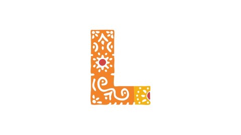 Letter L. Ethnic ornament, national pattern in letter. 3 colors. 4K video. Isolated on White background. Cartoon Animation. Capital Letter L for education, erudition, ABC, software, interface game.