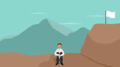 Depressed businessman sitting and feeling give up with white flag on the mountain. Cartoon in 4k resolution