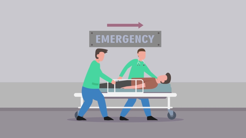 Two medical workers animation running for patient to emergency room while pushing the stretcher. Cartoon in 4k resolution