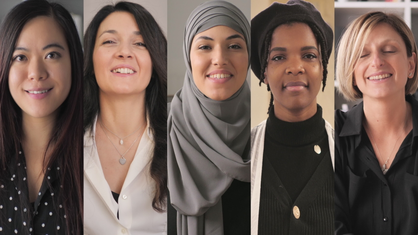 diverse ethnicity multiracial women smiling composition on multi screen,portrait of people of different race looking at the camera collage on split computer multiscreen view Royalty-Free Stock Footage #1078593392