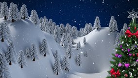 Animation of winter scenery with christmas tree on blue background. christmas, winter, tradition and celebration concept digitally generated video.