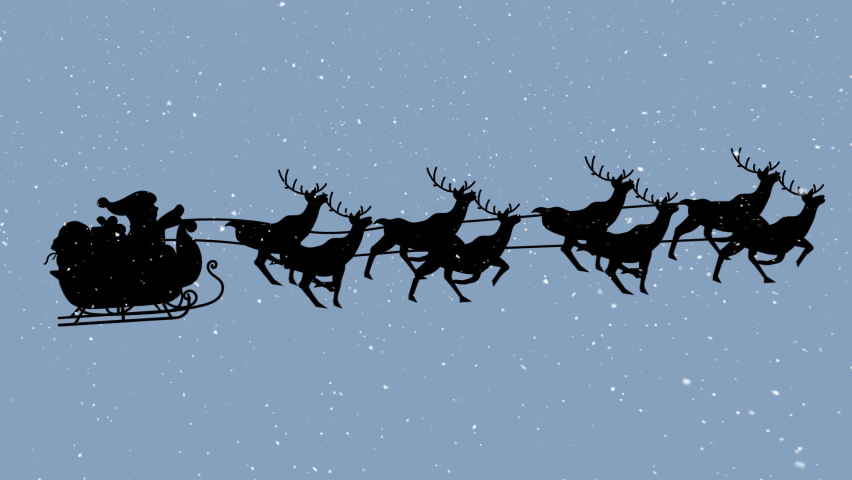 Animation of snow falling over santa claus in sleigh with reindeer. christmas, tradition and celebration concept digitally generated video.