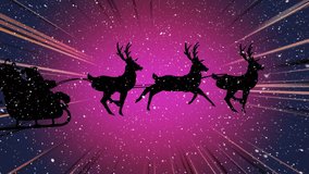 Animation of snow falling over santa claus in sleigh with reindeer on colorful background. christmas, tradition and celebration concept digitally generated video.